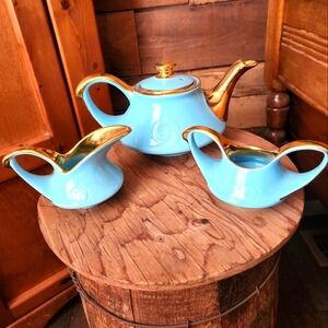 PEARL CHINA CO 1930's TURQUOISE BLUE GOLD ART DECO TEAPOT,CREAMER AND SUGAR BOWL
